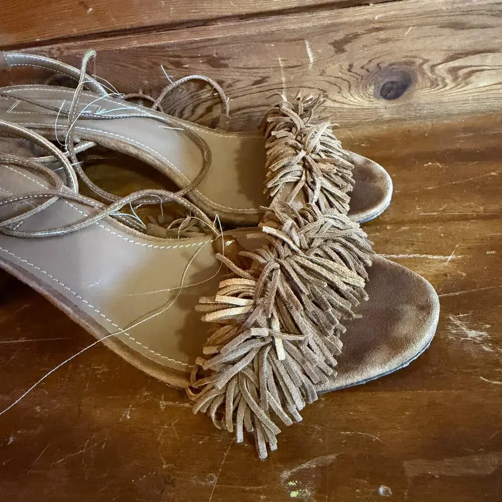 Aquazzura Wild Thing Fringe Tie Block-heel Sandals 37.5/7.5